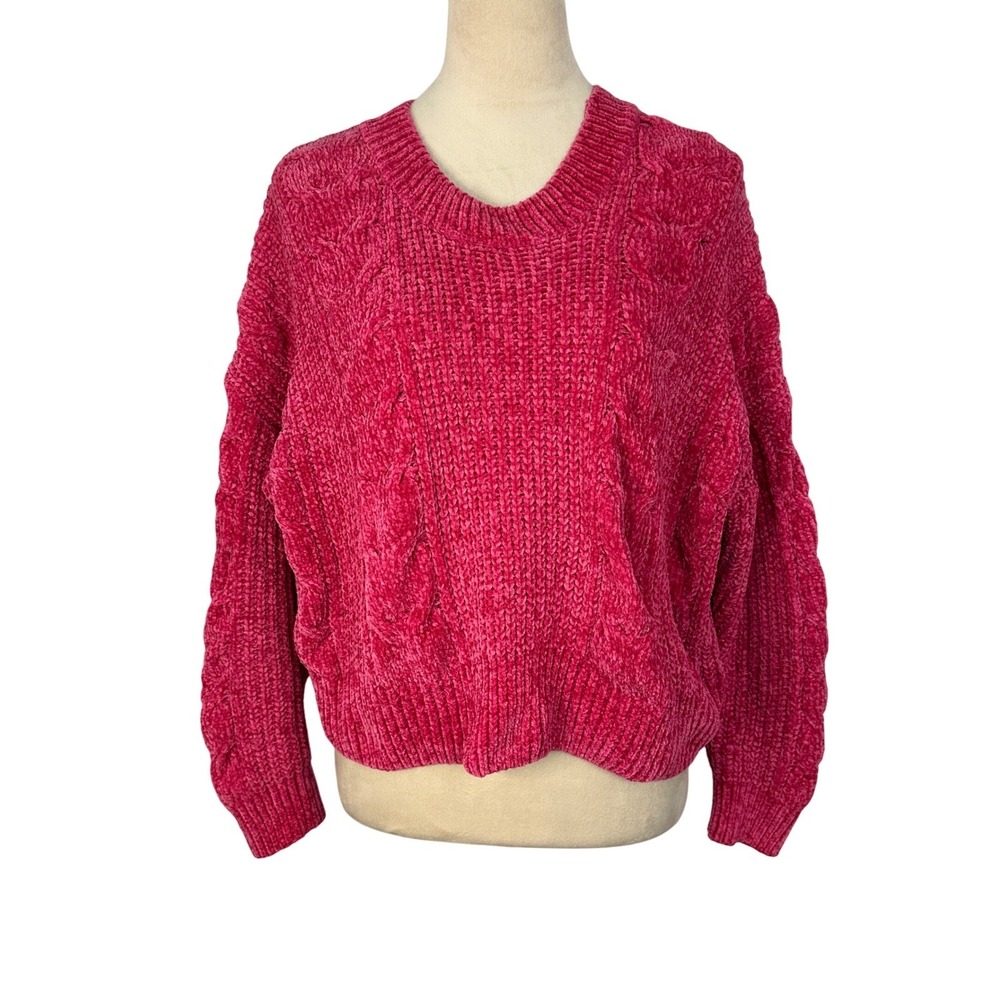 Cocovive Cable Knit Cropped Sweater Pullover Chenille Pink Womens‎ Large Casual - Picture 2 of 12
